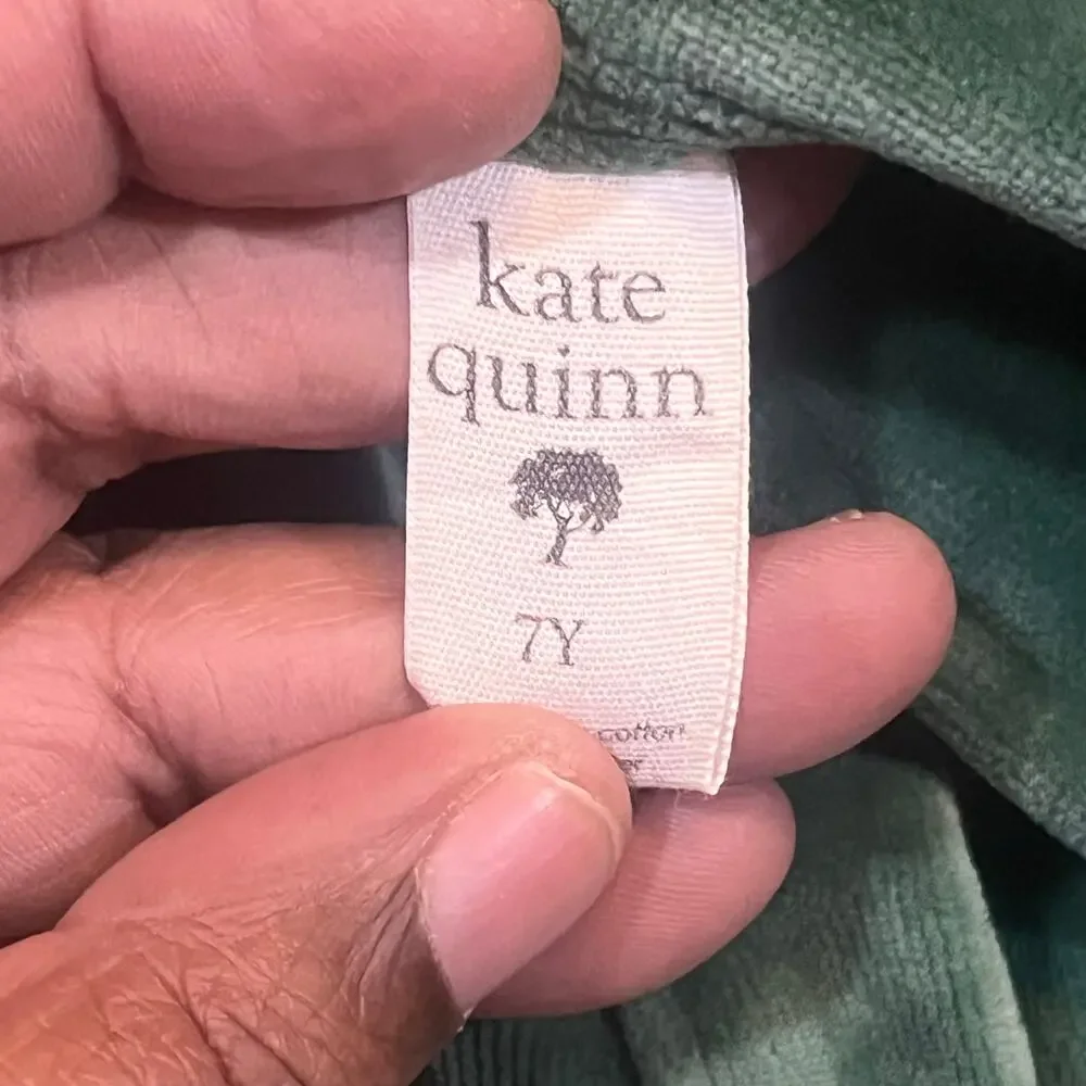 Kate Quinn Girls 7Y Hunter Green Velour Peter‎ Pan Collar Button Dress Holiday